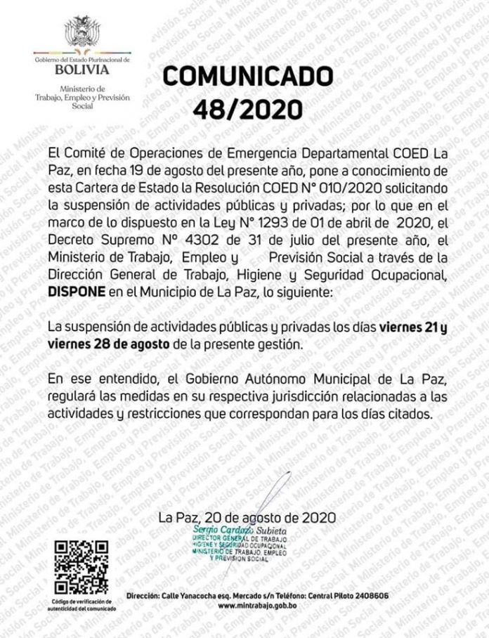 ministerio-trabajo-anuncia-suspension-actividades-21-y-28-agosto-la-paz