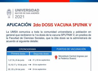 UMSA: segunda dosis de Sputnik V se aplicará desde este martes en el Monoblock CRONOGRAMA SEGUNDA DOSIS
