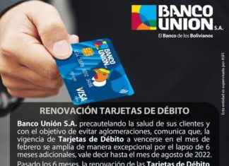 Banco Unión amplía hasta agosto vigencia de tarjetas de débito banco-union-taretas-debiro