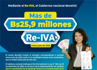 El Gobierno reintegró Bs 25,9 millones a beneficiarios del Re-IVA, a julio de 2022 RE-IVA